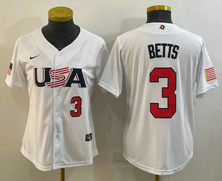Women%27s USA Baseball #3 Mookie Betts Number 2023 White World Classic Replica Stitched Jerseys